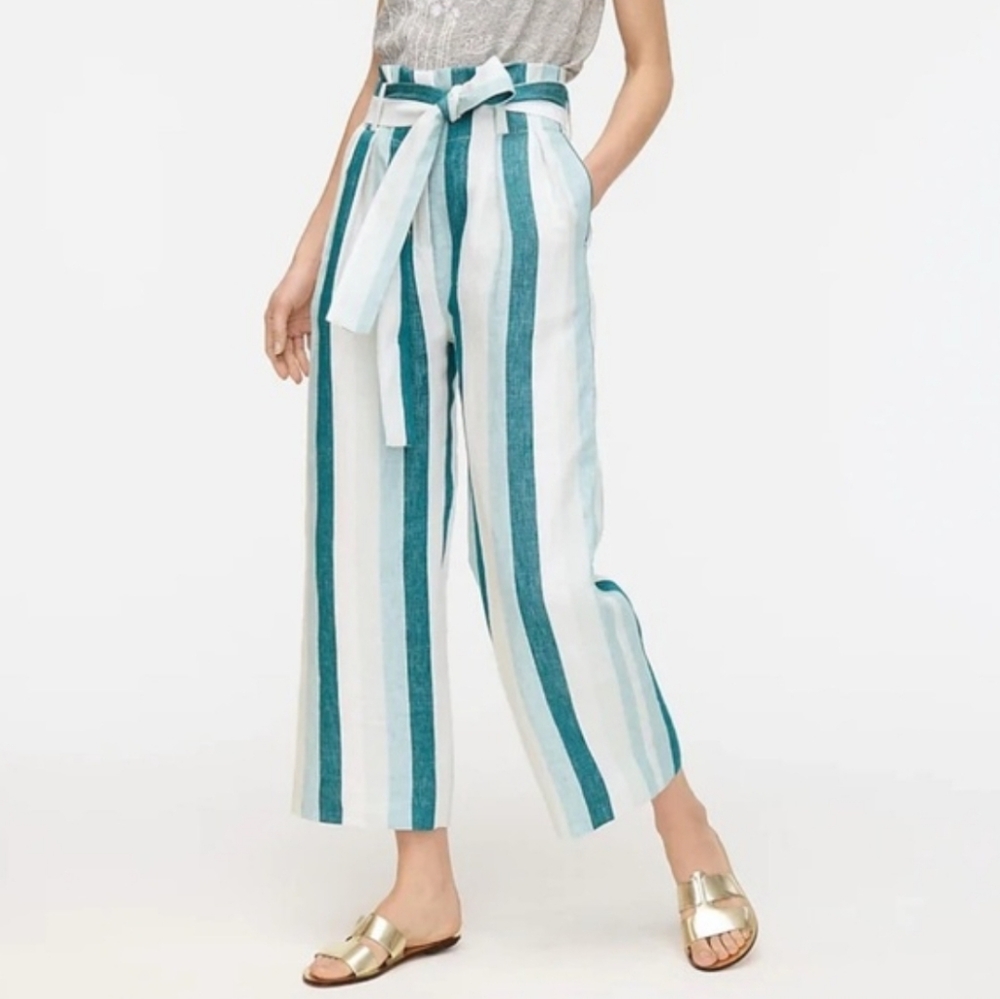 J. Crew Cabana Stripe Paperbag Tie Waist Linen Cropped Wide Leg Pants Size 8